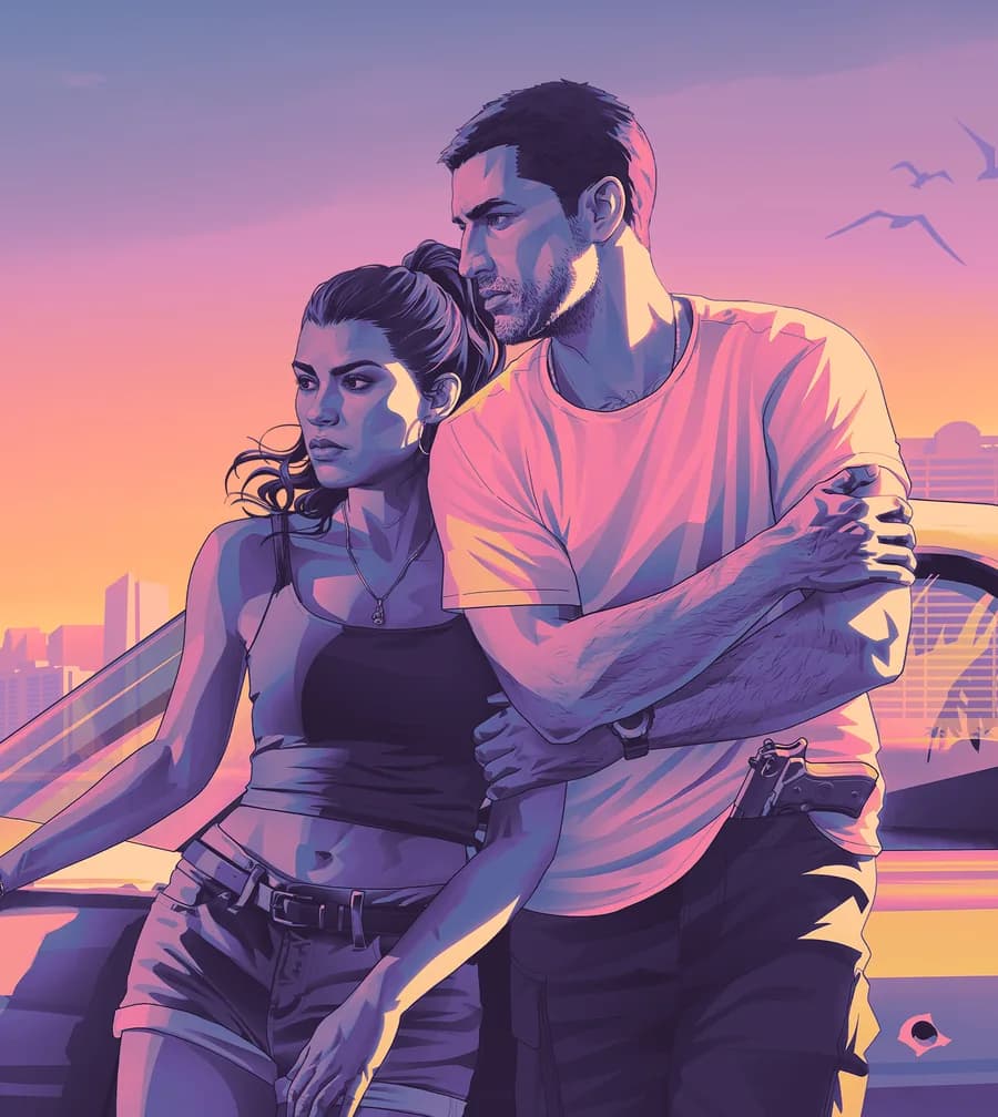 Jason and Lucia leaning on a car at sunset, official GTA 6 artwork