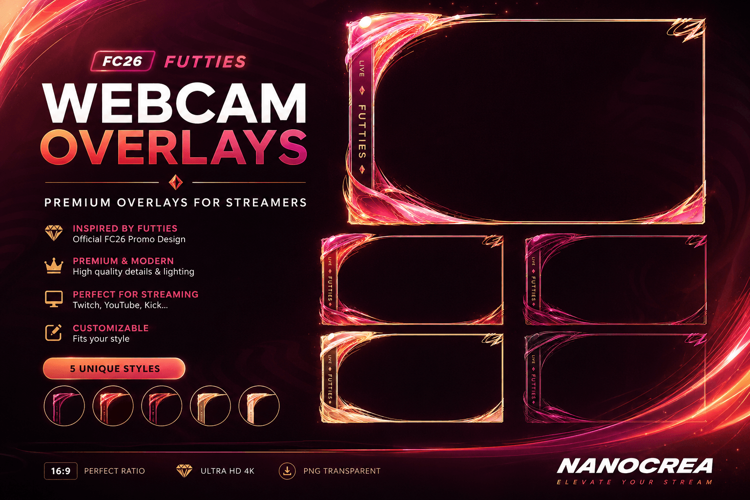 FC26 FUTTIES Stream Overlay Pack cover featuring a pink, orange and gold 4K camera frame for OBS by NanoCrea