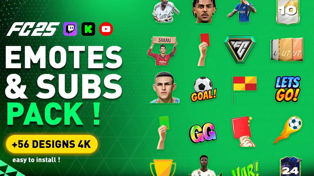 FC25 EMOTES TWITCH PACK (+56 SUBS, BADGES,EMOTES ALL SIZE INCLUDES...)