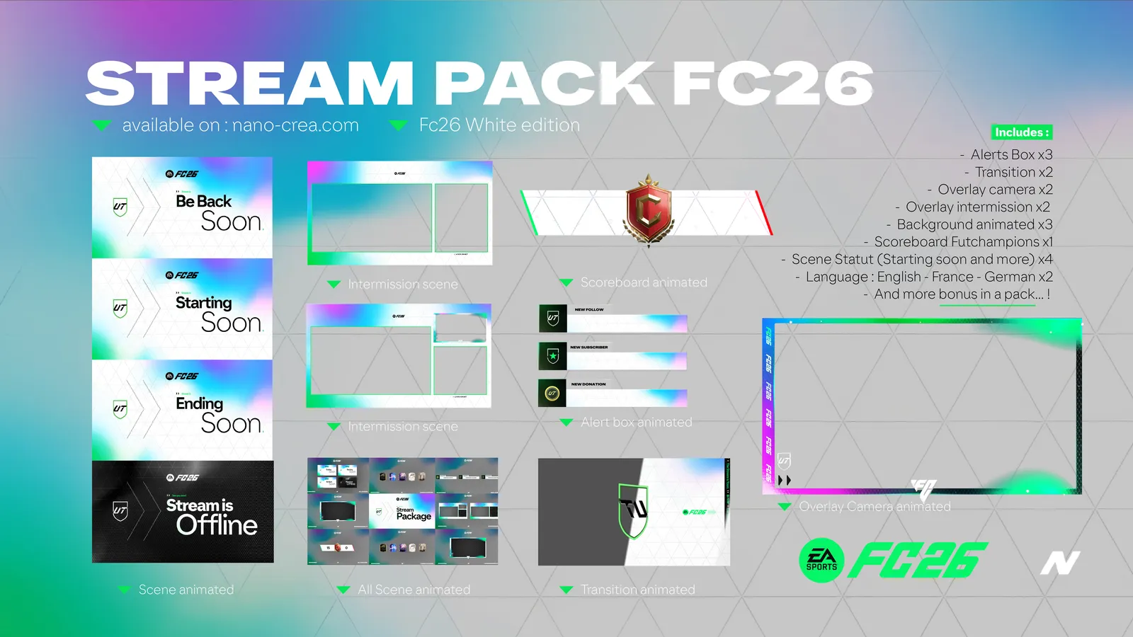 ⚪ FC26 White Stream Pack: minimalistische Overlays, Alerts & Übergänge für FIFA 26 Streamer. Perfekt für OBS, Twitch & StreamLabs. Sofort-Download + kostenlose Updates.