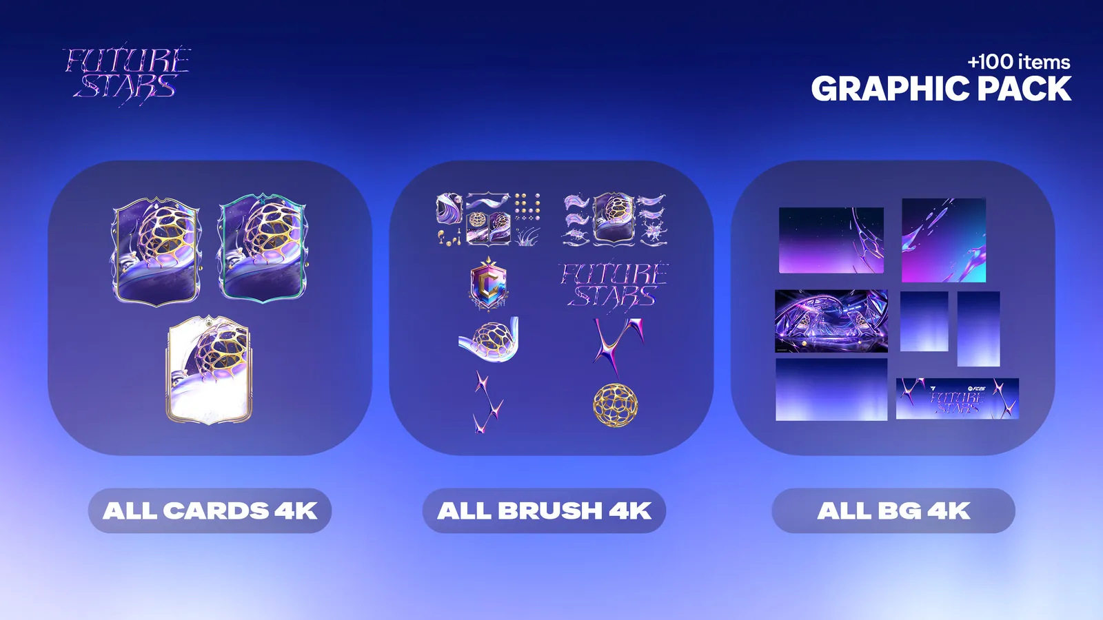 What’s inside the Graphic Pack?  The pack includes:  40+ high-resolution PNG elements (shapes, textures, FX)  Future Stars-style backgrounds (up to 4K)  Brushes & graphic elements  YouTube thumbnail templates (PSD)  Banners for Twitch, X & YouTube  Pack visuals & UT layouts  Fonts included  All assets are fully editable and designed for fast content creation.