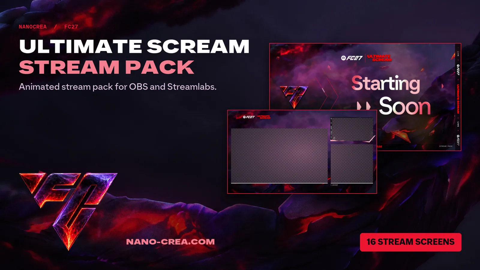 FC27 Ultimate Scream stream pack preview: Starting Soon screen and in-game layout with camera and chat